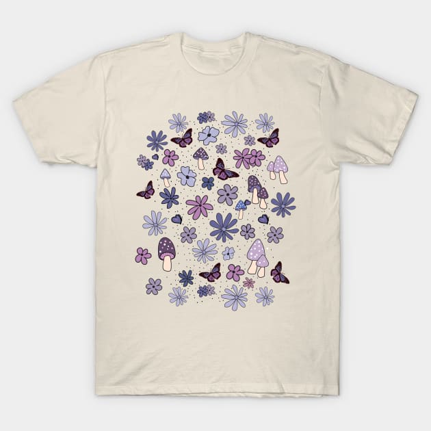 Lilac Flowers Butterflies and Mushrooms Cottagecore Aesthetic T-Shirt by YourGoods